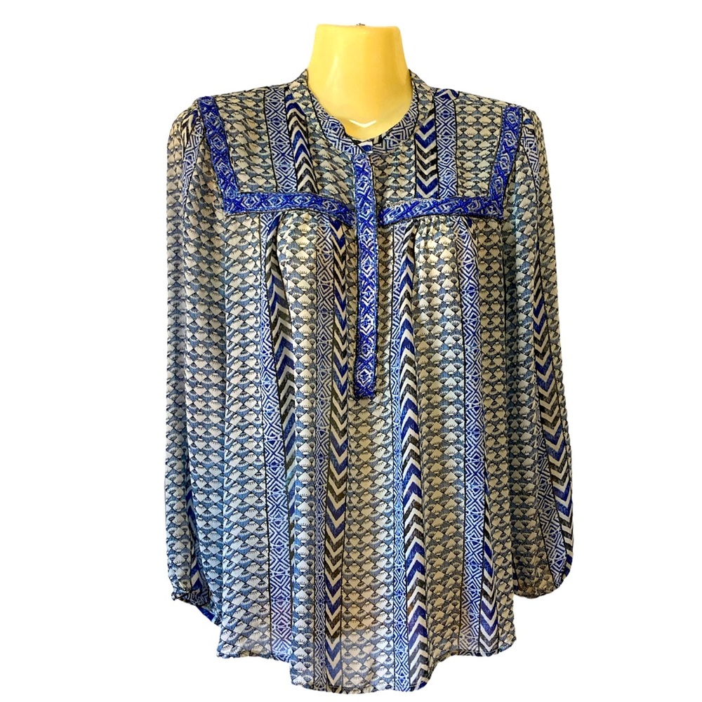 Lucky Brand Peasant Shirt Half Button Sequin Detail Top Bohemian Retro Blue Med